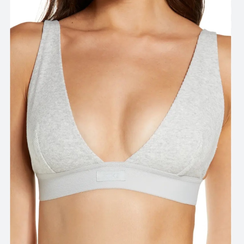 Skims Stretch Cotton Rib Lounge Plunge Bralette in Grey | S